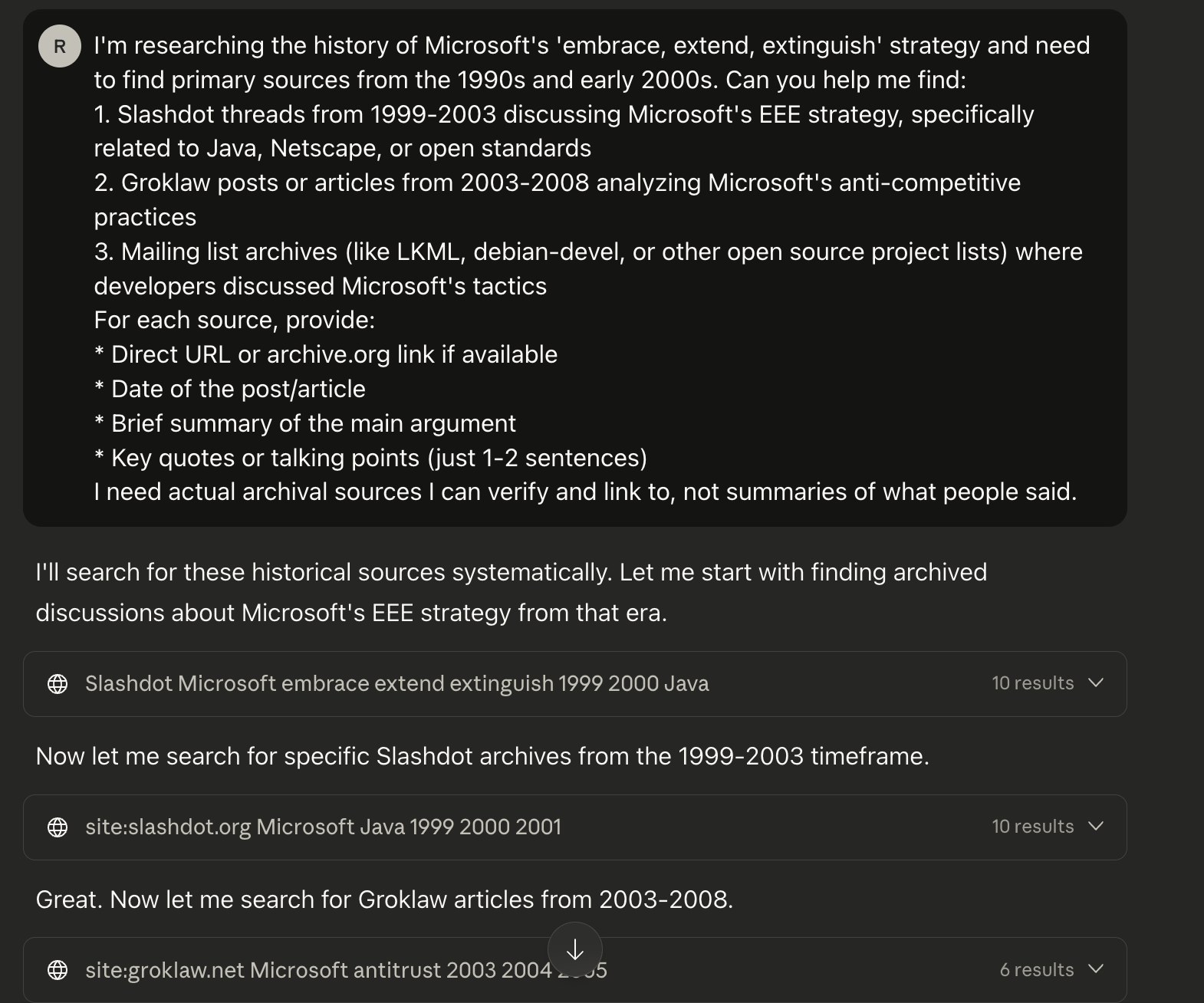 Prompt asking Claude Sonnet to find Microsoft embrace extend extinguish sources