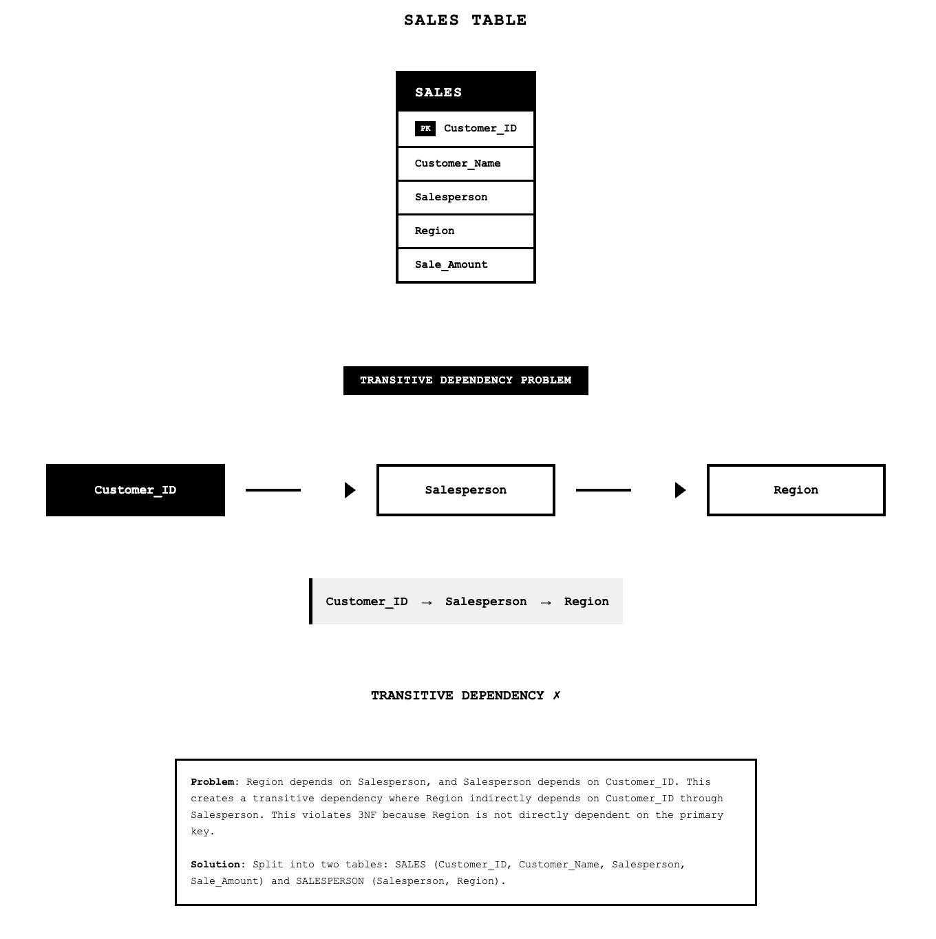 Shows the SALES table with the transitive dependency chain where Customer_ID determines Salesperson, which then determines Region, violating 3NF.